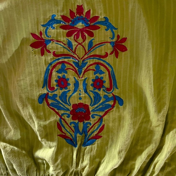 Avacado Green Floral Embroidered Tie Cotton Blouse Top - Picture 3 of 6